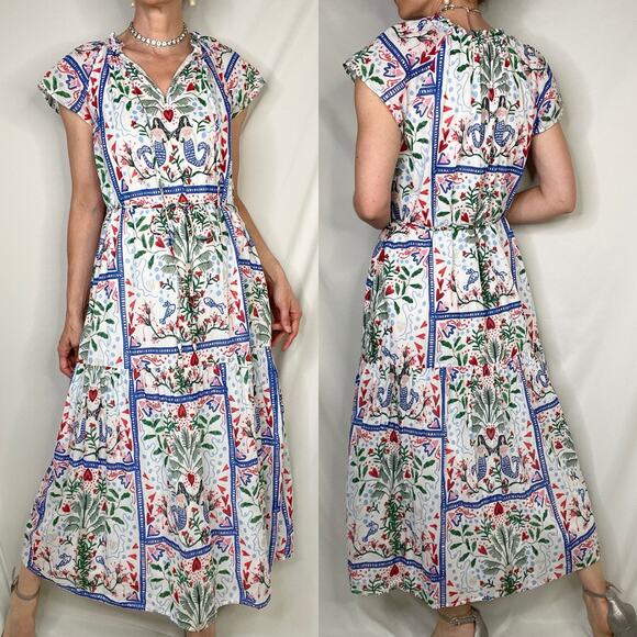 LOFT mermaid print dress seashell heart palm tree cotton midi maxi‎ tie waist XS - Picture 13 of 16